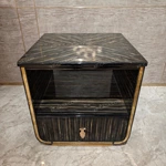 High-Gloss Black & Gold Veneer SideTable with Gold Metal Trim & Locking Drawer